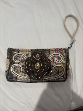 Beaded Boho Wristlet Clutch - Neutral Multicolor - NEW